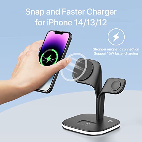 Magnetic Charging Station, EXW 5 in 1 Faster Mag-Safe Wireless Charger Stand for iPhone 14,13,12 Pro/Max/Mini/Plus, Apple Watch 8/7/6/SE/5/4/3/2 and Airpods 3/2/Pro/Pro 2 with LED and Adapter (Black)