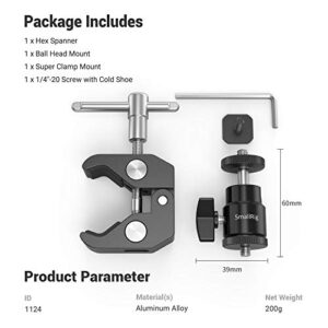 SmallRig Super Clamp Mount with Mini Ball Head Mount, Hot Shoe Adapter with 1/4 Screw for LCD Field Monitor, LED Lights, Flash, Microphone, for Gopro, for DJI Action 2, for Insta360 - 1124