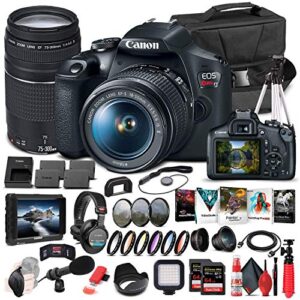 canon eos rebel t7 dslr camera with 18-55mm and 75-300mm lenses (2727c021) + 4k monitor + pro headphones + pro mic + 2 x 64gb memory card + corel photo software + pro tripod + more (renewed)