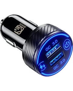 kewig car charger, 36w 3a fast car charger adapter, dual qc3.0 usb car charger fast charge with blue led & on/off switch