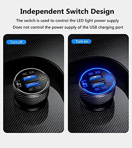 KEWIG Car Charger, 36W 3A Fast Car Charger Adapter, Dual QC3.0 USB Car Charger Fast Charge with Blue LED & ON/Off Switch