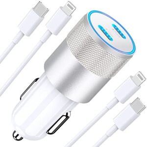 [apple mfi certified] iphone fast car charger, braveridge 60w dual usb-c pd power pps rapid car charger with 2 pack type-c to lightning quick charging cable for iphone 14/13/12/11/xs/xr/x/ipad/airpods