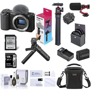 sony zv-e10 mirrorless camera with 16-50mm lens, black bundle with accvc1 vlogger kit, memory card, bag, screen protector, microphone, tripod, battery, charger, filter kit, cleaning kit