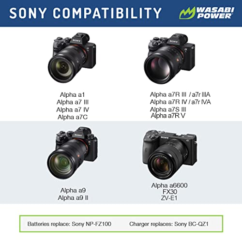 Wasabi Power Battery for Sony NP-FZ100 and Sony FX3, a1, a9, a9 II, a7R III, a7R IV, a7S III, a7 III, a7 IV, a6600