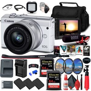 canon eos m200 mirrorless camera with 15-45mm lens (white) (3700c009) + 4k monitor + 2 x 64gb memory card + filter kit + 3 x lpe12 battery + external charger + card reader + led light + more (renewed)
