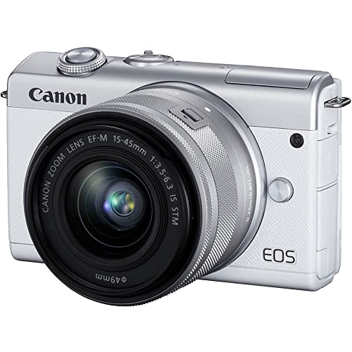 Canon EOS M200 Mirrorless Camera with 15-45mm Lens (White) (3700C009) + 4K Monitor + 2 x 64GB Memory Card + Filter Kit + 3 x LPE12 Battery + External Charger + Card Reader + LED Light + More (Renewed)