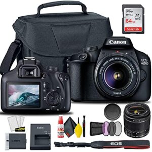 canon eos 4000d / rebel t100 dslr camera with 18-55mm lens + creative filter set, eos camera bag + sandisk ultra 64gb card + 6ave electronics cleaning set, and more (international model) (renewed)