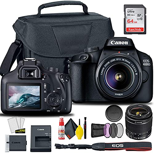 Canon EOS 4000D / Rebel T100 DSLR Camera with 18-55mm Lens + Creative Filter Set, EOS Camera Bag + Sandisk Ultra 64GB Card + 6AVE Electronics Cleaning Set, and More (International Model) (Renewed)