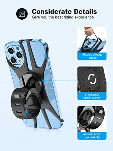 iBytoc Bike Phone Mount, [360°Rotation Shockproof] Bicycle Phone Holder, Universal Silicone Motorcycle Phone Mount Compatible with iPhone 14 13 12 11 Pro Max, More 4.0"-6.7" Phone