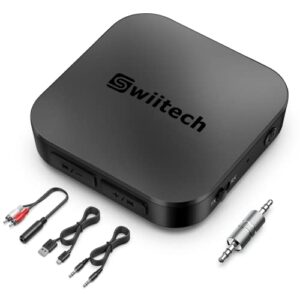 swiitech bluetooth transmitter receiver, 2-in-1 bluetooth aux adapter, v5.0 bluetooth adapter for tv/car/speaker/home stereo/pc, pairs 2 devices simultaneously, aptx low latency (tr-01)