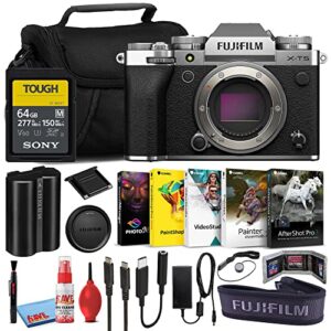 fujifilm x-t5 mirrorless digital camera (body only) (silver, 16782337) bundle with sony 64gb sf-m uhs-ii memory card + corel photo editing software + large camera bag + camera cleaning kit + more