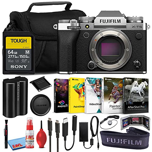 Fujifilm X-T5 Mirrorless Digital Camera (Body Only) (Silver, 16782337) Bundle with Sony 64GB SF-M UHS-II Memory Card + Corel Photo Editing Software + Large Camera Bag + Camera Cleaning Kit + More