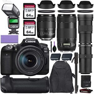 canon eos 90d dslr camera w/canon 18-135mm is usm, canon 70-300mm is ii usm & commander 420-800mm telephoto lens + elegant accessory kit (2x 64gb memory card, backpack, ttl flash & more.)
