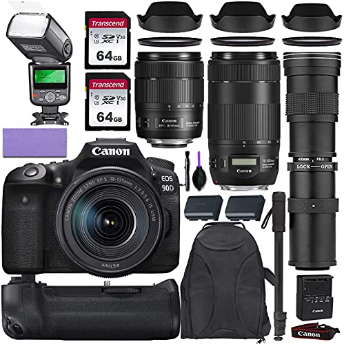 Canon EOS 90D DSLR Camera w/Canon 18-135mm is USM, Canon 70-300mm is II USM & Commander 420-800mm Telephoto Lens + Elegant Accessory Kit (2X 64GB Memory Card, Backpack, TTL Flash & More.)