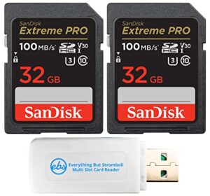 sandisk 32gb (two pack) extreme pro memory card works with nikon d3400, d3300, d750, d5500, d5300, d500, aw130, w100, l840 digital dslr camera sdhc 4k v30 uhs-i with everything but stromboli reader