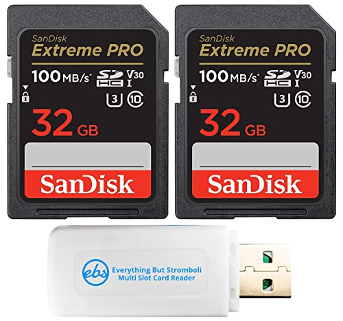 SanDisk 32GB (Two Pack) Extreme Pro Memory Card works with Nikon D3400, D3300, D750, D5500, D5300, D500, AW130, W100, L840 Digital DSLR Camera SDHC 4K V30 UHS-I with Everything But Stromboli Reader