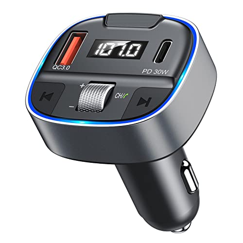 Octeso New Roller FM Transmitter for Car, Wireless FM Radio Adapter/ Music Player/ Car Kit with PD30W & QC3.0 Quick Charging, Bass Music, Ring Backlit, Hands-Free Calls