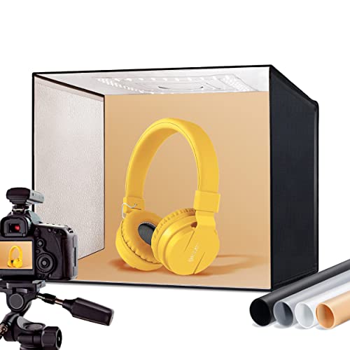 RALENO® 24W Photo Studio Light Box, 16'' x 12'' x 12'' Portable Photography Tent with 5500K Daylight Bulbs, 94 CRI, and 80 LED Beads, Includes 4 PVC Anti-Dust Backgrounds (Black, Grey, Orange, White)