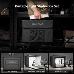 RALENO® 24W Photo Studio Light Box, 16'' x 12'' x 12'' Portable Photography Tent with 5500K Daylight Bulbs, 94 CRI, and 80 LED Beads, Includes 4 PVC Anti-Dust Backgrounds (Black, Grey, Orange, White)