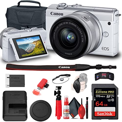 Canon EOS M200 Mirrorless Digital Camera with 15-45mm Lens (White) (3700C009) + 64GB Card + Case + Card Reader + Flex Tripod + Hand Strap + Cap Keeper + Wallet + Cleaning Kit (Renewed)