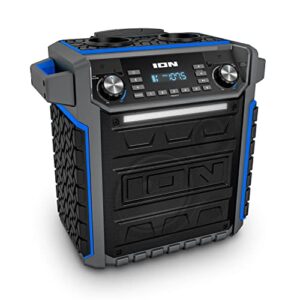 ion audio pickup – 100w water-resistant bluetooth outdoor speaker with rechargeable battery, karaoke microphone, radio, wheels, handle & usb charging