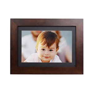 brookstone photoshare 8” smart digital picture frame, send pics from phone to frames, wifi, 8 gb, holds 5,000+ pics, hd touchscreen, premium espresso wood, easy setup, no fees