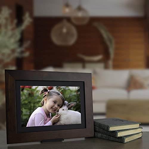 Brookstone PhotoShare 8” Smart Digital Picture Frame, Send Pics from Phone to Frames, WiFi, 8 GB, Holds 5,000+ Pics, HD Touchscreen, Premium Espresso Wood, Easy Setup, No Fees