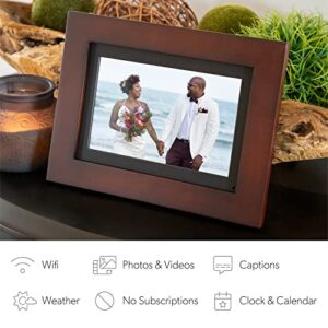 Brookstone PhotoShare 8” Smart Digital Picture Frame, Send Pics from Phone to Frames, WiFi, 8 GB, Holds 5,000+ Pics, HD Touchscreen, Premium Espresso Wood, Easy Setup, No Fees