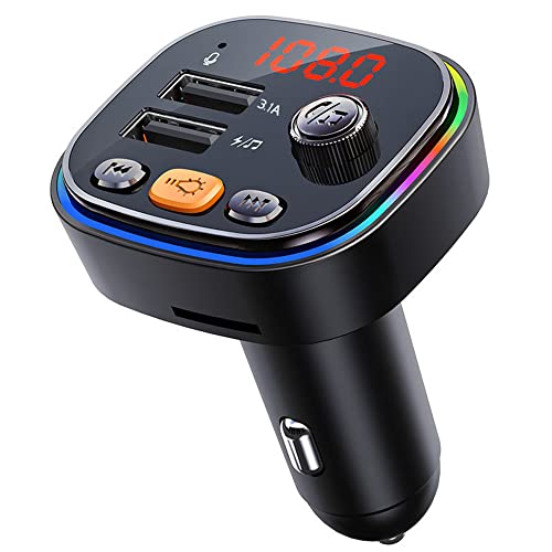 OHITEC Bluetooth5.0 FM Transmitter for Car,Bluetooth Car Adapter with Dual USB Charging Car Charger MP3 Player Support TF Card & USB Disk, 7 Colors Led Backlit Light, Hands Free Calling (C20)