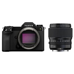 fujifilm gfx 100s medium format mirrorless camera, black with fujinon gf 80mm f/1.7 r wr lens, black
