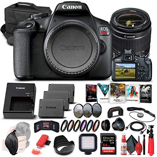 Canon EOS Rebel T7 DSLR Camera with 18-55mm Lens (2727C002) + 64GB Memory Card + Case + Corel Photo Software + 2 x LPE10 Battery + Card Reader + Light + Filter Kit + Wide Angle Lens + More (Renewed)