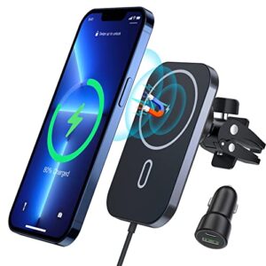 magnetic wireless car charger, 360°adjustable magnetic air vent mount compatible with magsafe car charger, compatible with iphone 14/13/12 pro max plus mini(caseless), mag safe case(with car adapter)