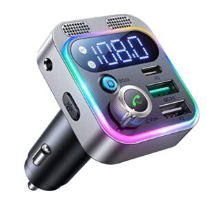 2022 Bluetooth 5.3 FM Transmitter for Car, JOYROOM [Stronger Dual Mics & HiFi Deep Bass Sound] , 48W PD&QC3.0 Bluetooth Car Adapter, Hands-Free Calling, Larger LED, AUX Output & U Disk