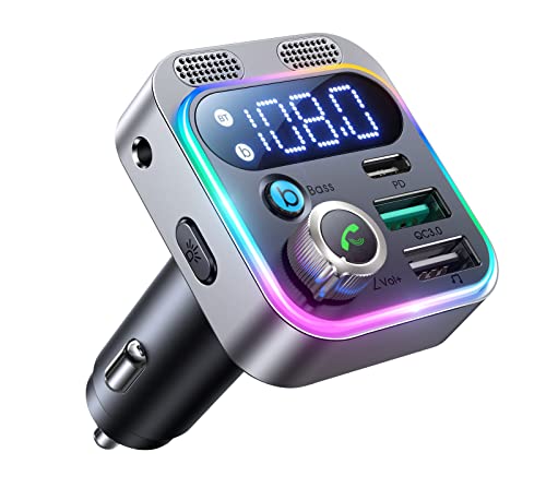 2022 Bluetooth 5.3 FM Transmitter for Car, JOYROOM [Stronger Dual Mics & HiFi Deep Bass Sound] , 48W PD&QC3.0 Bluetooth Car Adapter, Hands-Free Calling, Larger LED, AUX Output & U Disk