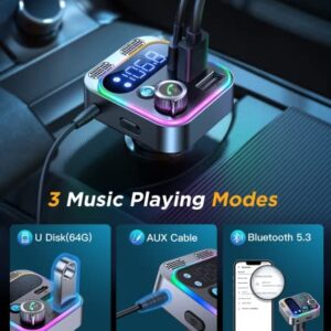 2022 Bluetooth 5.3 FM Transmitter for Car, JOYROOM [Stronger Dual Mics & HiFi Deep Bass Sound] , 48W PD&QC3.0 Bluetooth Car Adapter, Hands-Free Calling, Larger LED, AUX Output & U Disk