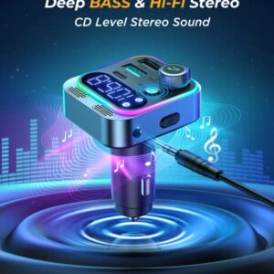 2022 Bluetooth 5.3 FM Transmitter for Car, JOYROOM [Stronger Dual Mics & HiFi Deep Bass Sound] , 48W PD&QC3.0 Bluetooth Car Adapter, Hands-Free Calling, Larger LED, AUX Output & U Disk