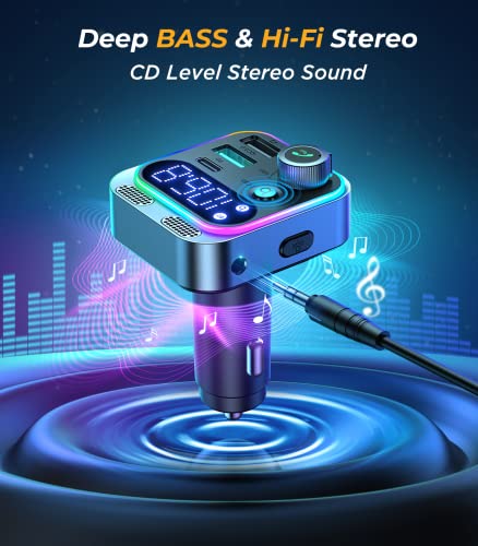 2022 Bluetooth 5.3 FM Transmitter for Car, JOYROOM [Stronger Dual Mics & HiFi Deep Bass Sound] , 48W PD&QC3.0 Bluetooth Car Adapter, Hands-Free Calling, Larger LED, AUX Output & U Disk