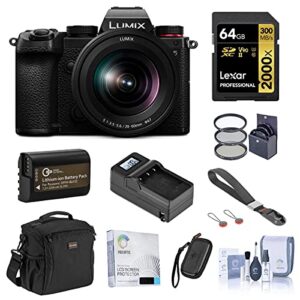 panasonic lumix dc-s5 mirrorless digital camera with s 20-60mm l-mount lens bundle with 64gb uhs-ii v90 sd card, card case, bag, wrist strap, extra battery, charger, filter kit and accessories