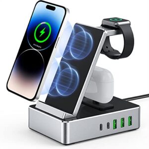100w aluminum alloy charging station for multiple devices, 8 in 1 wireless charging station, usb c charging station compatible with iphone 14pro max – 8, iwatch, airpods pro