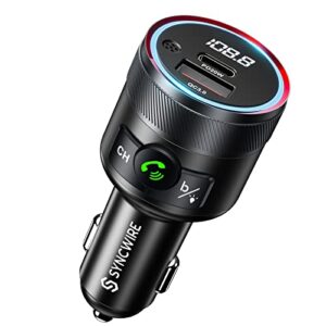 syncwire bluetooth 5.1 fm transmitter for car, 38w pd&qc3.0 fast charger wireless radio adapter bass sound music player car kit with hands-free calling support usb drive