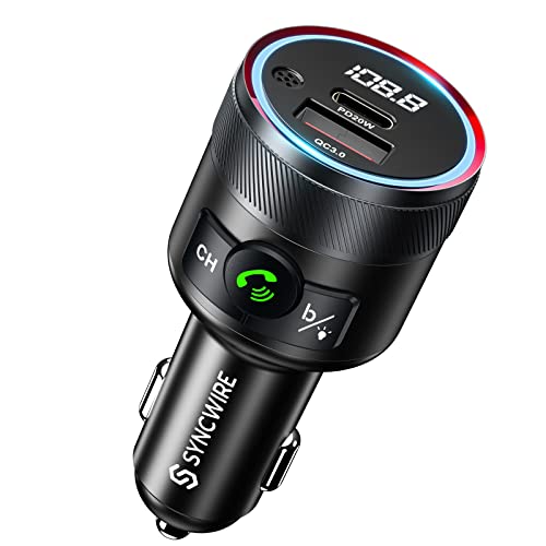 Syncwire Bluetooth 5.1 FM Transmitter for Car, 38W PD&QC3.0 Fast Charger Wireless Radio Adapter Bass Sound Music Player Car Kit with Hands-Free Calling Support USB Drive