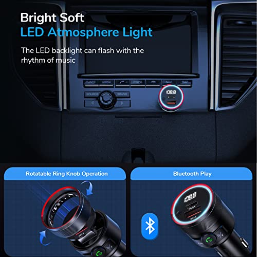 Syncwire Bluetooth 5.1 FM Transmitter for Car, 38W PD&QC3.0 Fast Charger Wireless Radio Adapter Bass Sound Music Player Car Kit with Hands-Free Calling Support USB Drive