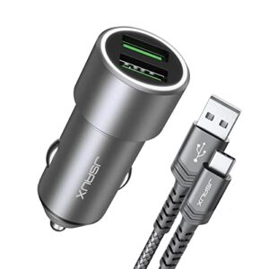 car charger, car usb charger 36w fast charging, jsaux metal dual qc 3.0 car adapter with usb-c cable[3.3ft] compatible with samsung galaxy s10/s9/s8 plus, note 9/8, iphone 7/8/x/xr-grey