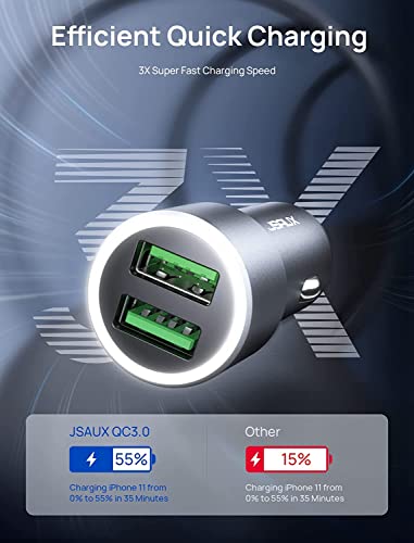 Car Charger, Car USB Charger 36W Fast Charging, JSAUX Metal Dual QC 3.0 Car Adapter with USB-C Cable[3.3ft] Compatible with Samsung Galaxy S10/S9/S8 Plus, Note 9/8, iPhone 7/8/X/XR-Grey