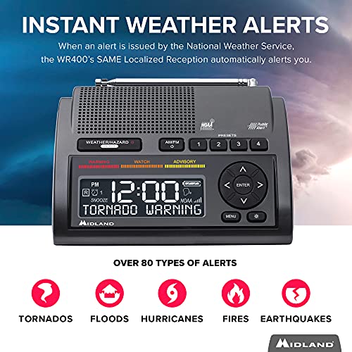 Midland - WR400, Deluxe NOAA Emergency Weather Alert Radio - S.A.M.E. Localized Programming, 80+ Emergency Alerts, & Alarm Clock w/ AM/FM Radio