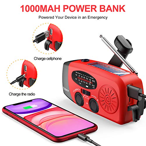 Emergency Hand Crank Radio with 3 LED Flashlight, Esky AM/FM/NOAA Portable Weather Radio with 2000mAh Power Bank Phone Charger, Solar Powered USB Charged Radio for Indoor Outdoor Camping, SOS Alarm