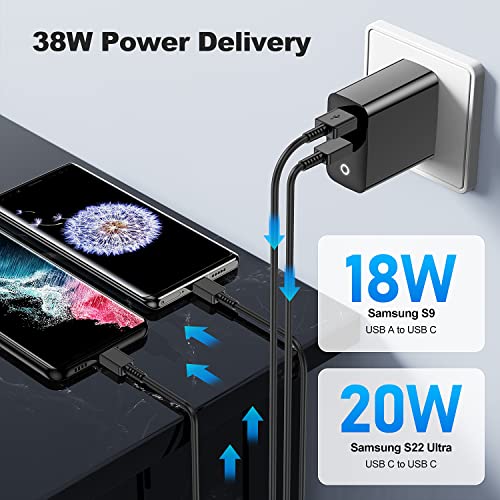 Adaptive USB C & USB A Fast Charger,38W Samsung Super Fast Charger Kit with 6ft Cable,Dual Port Rapid Charging Block forSamsung Galaxy S23 Ultra/S23/S23+/S22/S22 Ultra/S8/S9/S10 /S11