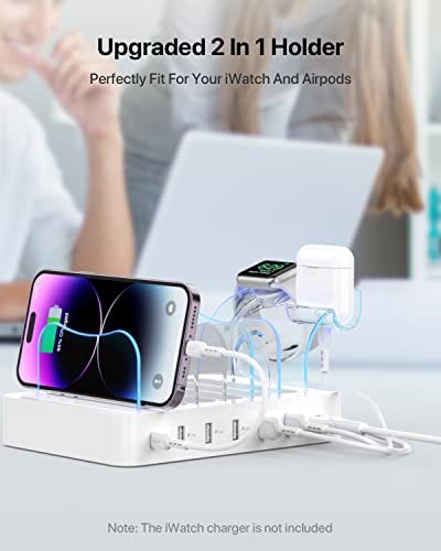 SooPii 60W 6-Port Charging Station for Multiple Devices, PD 20W USB C Fast Charging for lPhone 14/13/12,6 Short Cables Included, 2 in 1 Holder,for Phones,Tablets and Others,White