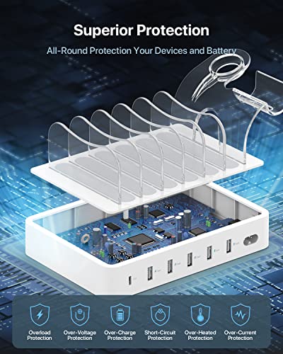 SooPii 60W 6-Port Charging Station for Multiple Devices, PD 20W USB C Fast Charging for lPhone 14/13/12,6 Short Cables Included, 2 in 1 Holder,for Phones,Tablets and Others,White