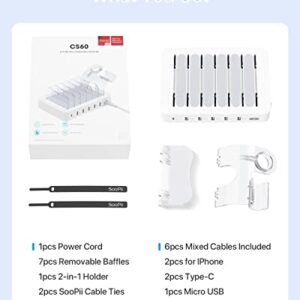 SooPii 60W 6-Port Charging Station for Multiple Devices, PD 20W USB C Fast Charging for lPhone 14/13/12,6 Short Cables Included, 2 in 1 Holder,for Phones,Tablets and Others,White